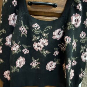 Anthropologie Black Sweater with Pink Floral Design